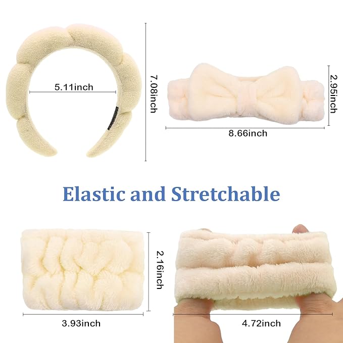Khaki Spa Headband and Wristband Set-Headband for Washing Face Sponge Skincare Headbands Makeup Headbands for Women Girls Cute Bow Skin Care hairband Soft Bubble Face Wash Head band for Women