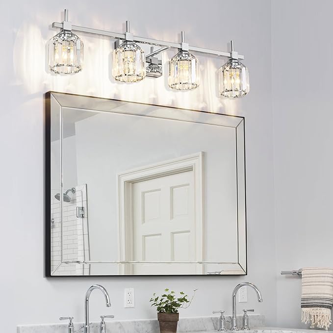 SOLFART Crystal 4 Lights Bathroom Lights Over Mirror Bathroom Lighting Fixtures Over Mirror Chrome Vanity Light Fixture Bathroom Vanity Light 4T CH