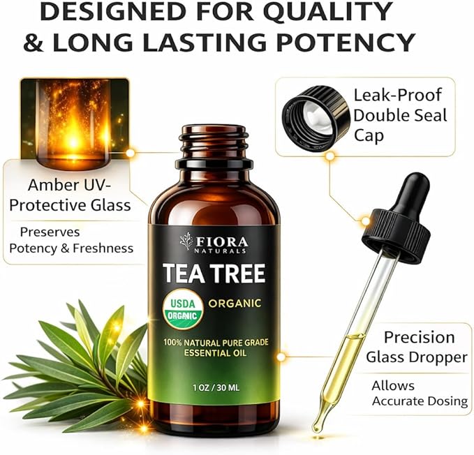 Tea Tree Oil – 100% Pure Organic Tea Tree Essential Oil for Skin, Face, Hair, Scalp, Nails, and Toenail – Therapeutic Grade Tree Tea Oil for Acne & Hair Growth – 1 fl oz - By Fiora Naturals