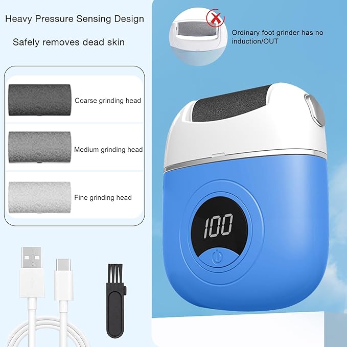 Callus Remover Foot File,Electric Foot File Grinding Machine Foot Repair and Grinding Device,Upgrade Digital Display Electric Foot Exfoliating Scrubber with 3Grinding Heads 2Speeds (Blue)