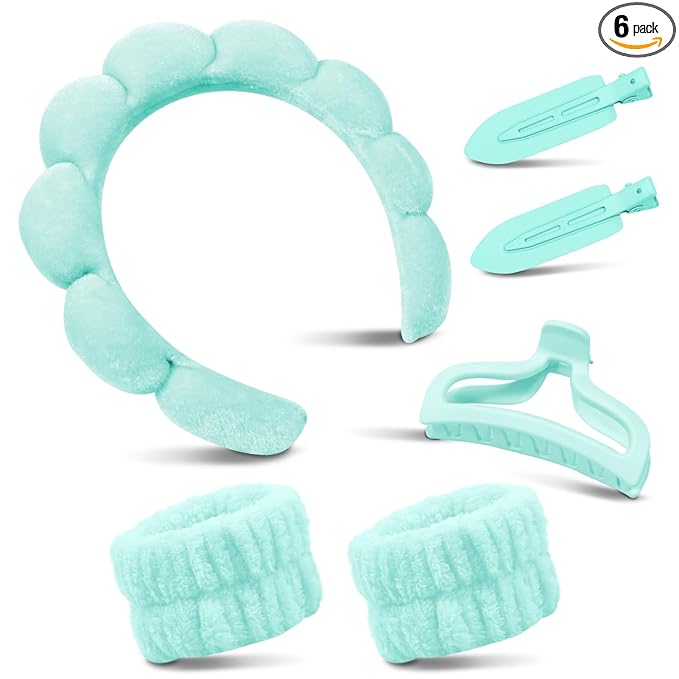 my novel things Spa Headband For Washing Face with Hair Clips Wristbands 6PK for Women Girls Gift, Soft-Puffy Velvet Makeup Headbands for Makeup, Skincare (Green)