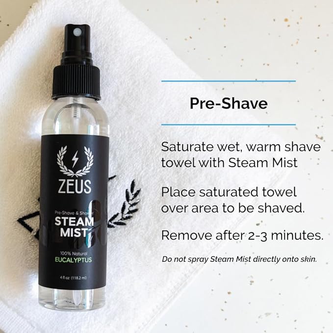 ZEUS 100% Natural Eucalyptus Oil Steam Mist, Aromatherapy Spray for Shower, Sauna, Bath & Pre-Shave, Nasal Relief & Spa-Inspired Wellness (Made in USA) 4 oz.