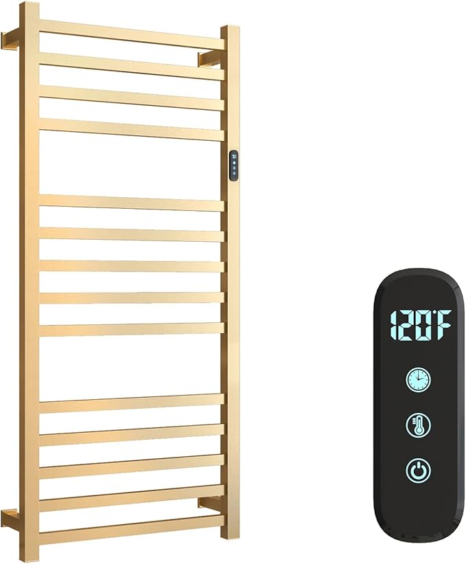 14 Bars Luxury Towel Warmers Wall Mounted Heated Towel Rack, Towel Warmer for Bathroom with Timer & Temperature Multi-Level Adjustable, Hardwired and Plug-in Compatible (Brushed Gold)