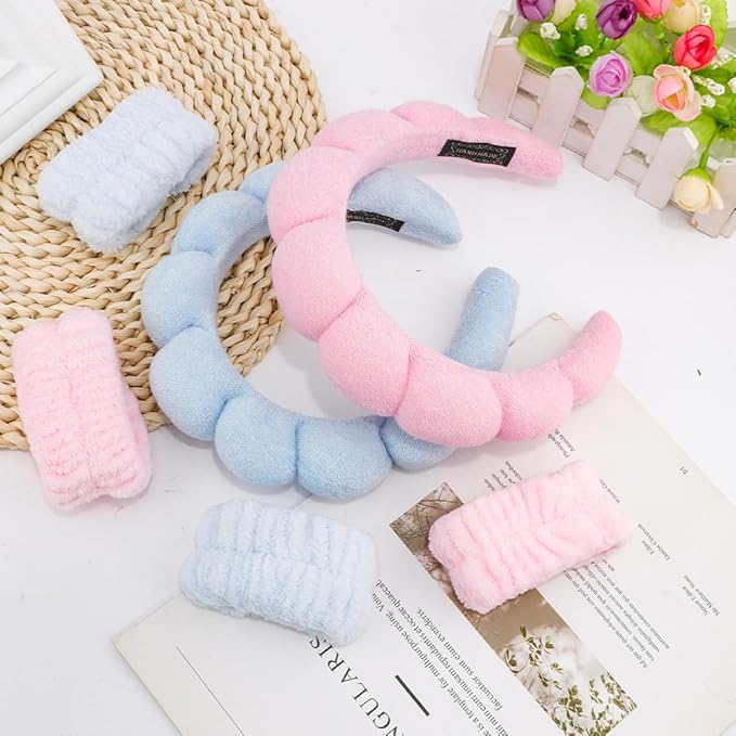 SPA Headbands for Washing Face Makeup Headbands with Bow Hair Band Women Facial Head Band Wrist Towel Wraps For Shower Face Mask Pink White, 6 Pack