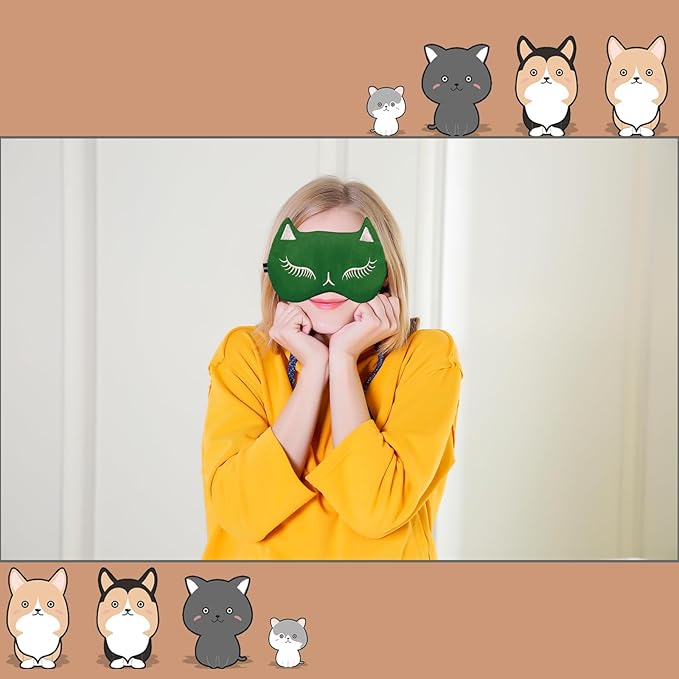 Cute Cat Sleep Mask for Kids (Green&Black), 2 Pack Silk Sleeping Eye Cover Adjustable Mask Night Eyeshade Cover for Girls Boys Women Men Sleep Travel Party…