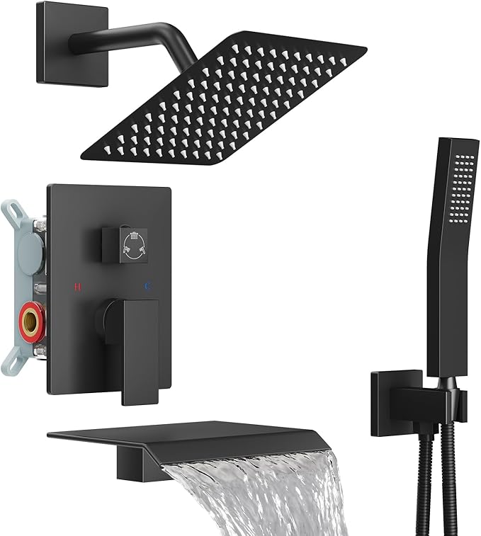 Midanya Shower System with Tub Spout,Bathtub Shower Faucet Set with Square Rainfall Head and Handheld Sprayer Wall Mount Tub Faucet Set with Valve and Trim Kit,8 Inch Matte Black