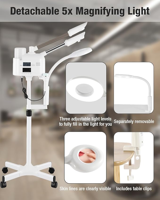 Professional 4-in-1 Facial Steamer with Hot and Cold Nozzles and 5X LED Magnifying Lamp and Ultrasonic Equipment—Ideal for Estheticians and Beauty Professionals, for Use at Home or in the Salon