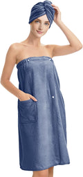 Women’s Adjustable Spa Wrap Towel Set, Microfiber Body Wrap Bathrobe with Matching Hair Towel, Super Absorbent & Quick Dry Shower Wrap for Home, Gym, Pool – Blue