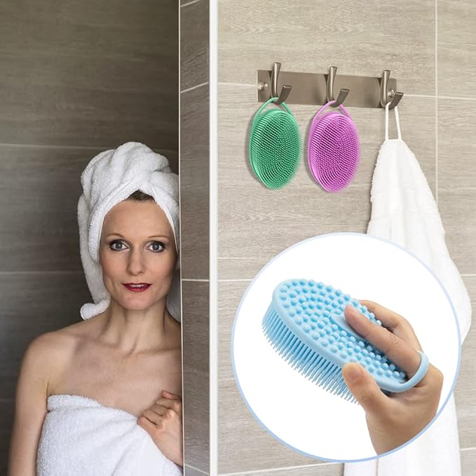 3 Pack Silicone Body Scrubber, Exfoliating Body Scrubber Fit for Sensitive and All Kinds of Skin, Soft Silicone Loofah, Clean and Sanitary Rapid Foaming,Blue,Green,Purple