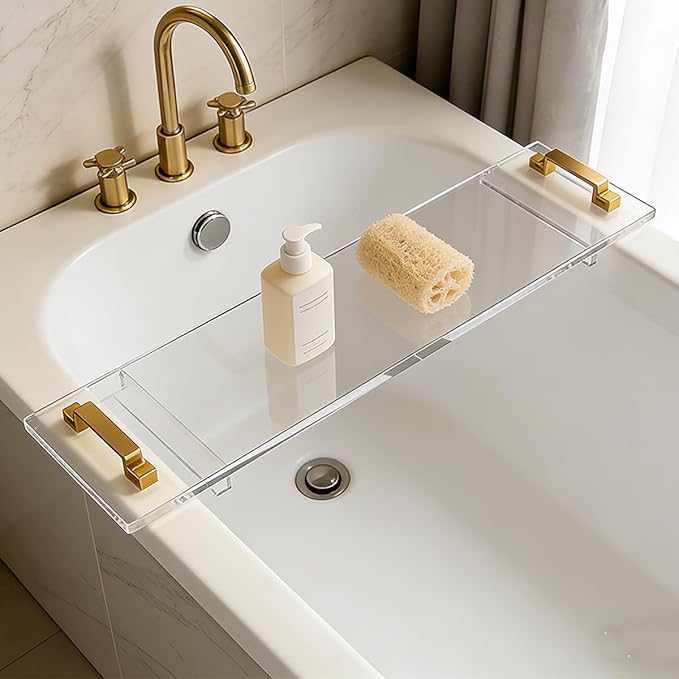 1CM Thick Clear Acrylic Bathtub Caddy with Metal Handles, Multifunctional Bath Tray for Wine Glass, Phone, Book & Bathroom Essentials, Fits Most Tubs, Spa Gift for Men & Women (42in)