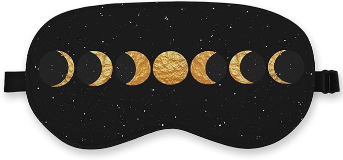 Boho Sun Moon Silk Eye Mask for Sleeping,Black Gold Moon Blindfold Adjustable Strap Night Sleep Mask for Women Girls, Dorm Airplane Travel Nap, Boho Moon Phase Sleeping Mask Eye Cover