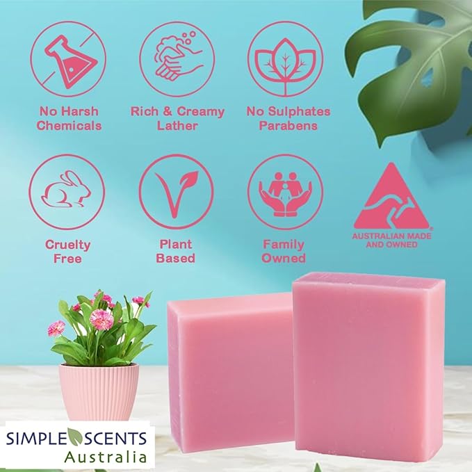 Simple Scents Australia Garden Rose Scented Natural Soap Bars (5 Bars), 3.5oz Moisturizing French Triple Milled Soap Bars Enriched with Shea Butter - Pure Plant Oil Bath & Body