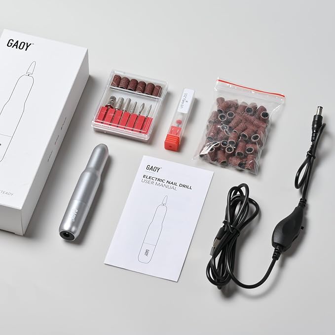 GAOY Electric Nail Drill for Acrylic and Gel, USB Electric Nail File, Portable Efile with Drill Bits, Manicure Pedicure Tools for Home Salon, Sliver