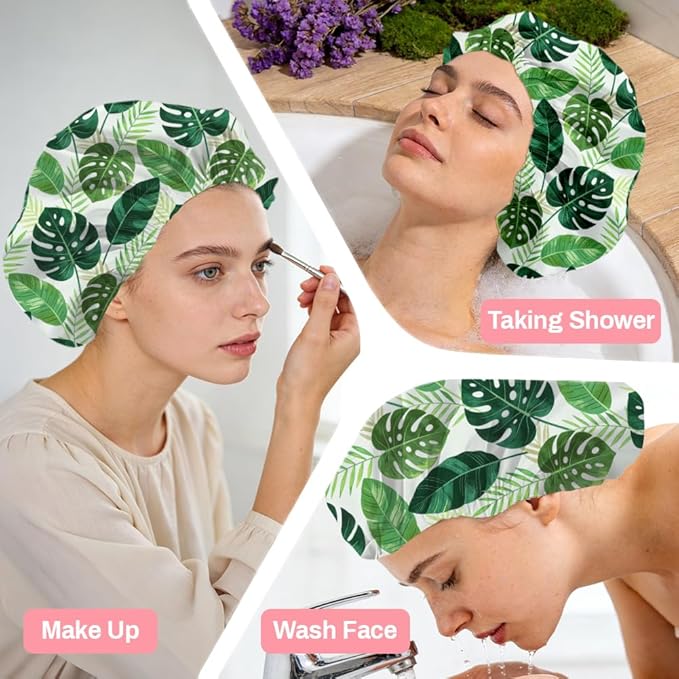 Tropical Leaves Reusable Shower Cap Green Monstera Double Layer Waterproof Shower Caps Large Elastic Hair Cover Adjustable Hair - Drying Caps for Woman Man Bath SPA Travel One Size Fits Most