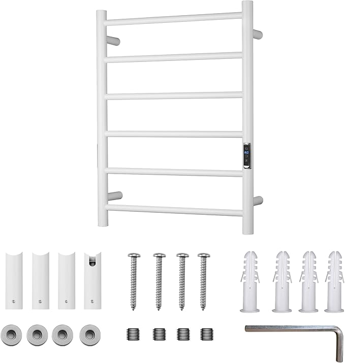 Heated Towel Racks for Bathroom, Wall Mounted Electric Towel Warmer Racks with Timer & Temperature Control, 6 Bar Stainless Steel Towel Heater for Bathroom, White, Plug-in