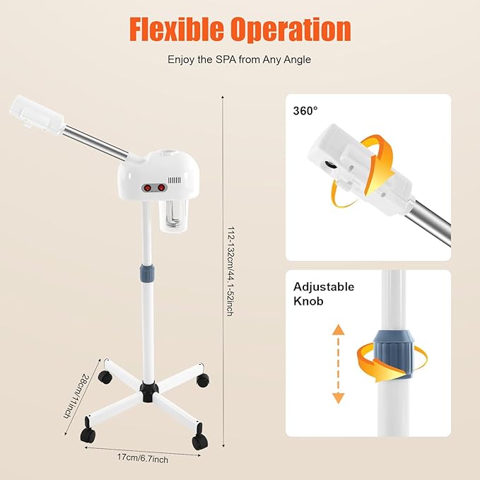 Professional Stand Facial Steamer w/Hot Mist – Adjustable Height, 360° Nozzle & Rolling Base for Salon, Spa & Home Use | Touch Button & Rocker Arm