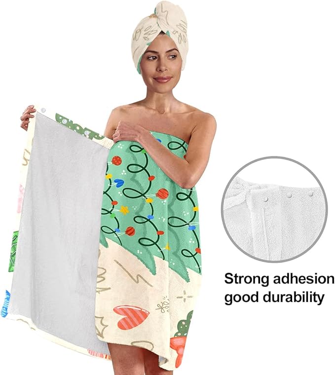 Christmas Bath Wrap and Hair Drying Towel Set – Holiday Shower Skirt with Elastic Snap Closure, Microfiber Absorbent Quick Dry Spa Wrap with Festive Prints