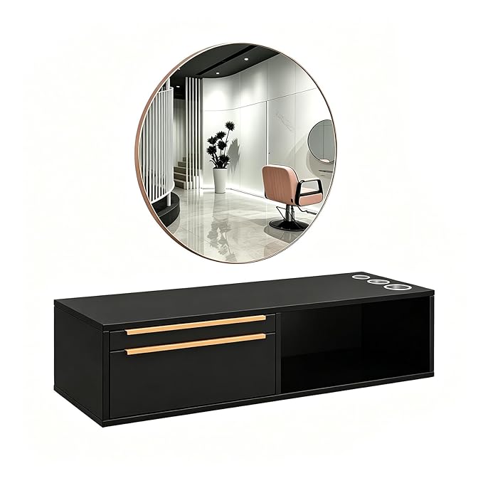OmySalon Wall Mount Salon Station with Mirror, Hair Stylist Cabinet with Dryer Holders, Drawers & Shelf for Barbershop, Beauty SPA, Bathroom, Black