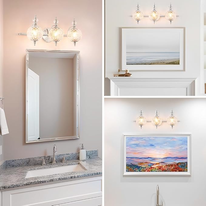 Brushed Nickel Bathroom Vanity Light Fixture Vintage Style - 3 Light G9 Bulb Compatible, 23" Wide Bathroom Lighting Over Mirror with Hand-Etched Glass Shades, Easy Mount for Makeup Area