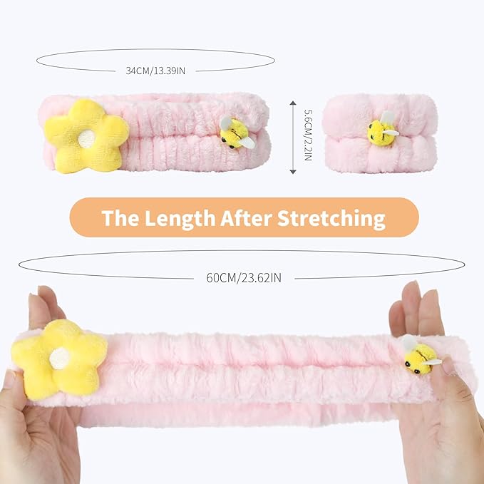PERFECTSIGHT Kawaii Headband for Spa, Makeup, Washing Face, Party - 2 Pack Cute Hair Band for Shower Beauty Skincare, Soft Facial Headbands for Girls and Women (Pink Flower Bee)