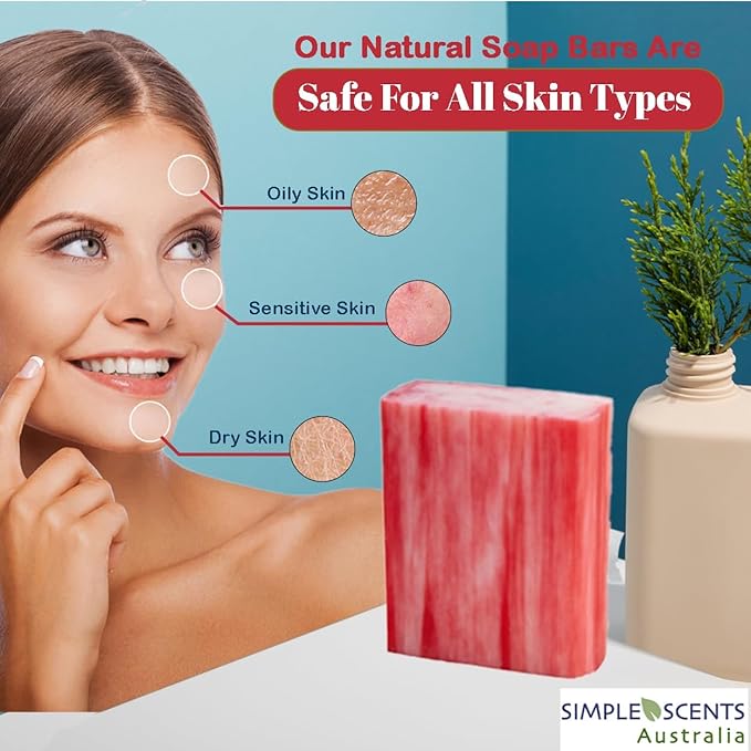 Simple Scents Australia Melon Strawberry Scented Natural Soap Bars (5 Bars), 3.5oz Moisturizing French Triple Milled Soap Bars Enriched with Shea Butter - Pure Plant Oil Bath & Body
