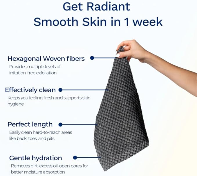 Sima Brand Exfoliating Washcloth Face & Body Scrub Towel - Japanese Exfoliating Towel with Hexagon Fibers, Body Scrubber with 2 Sides for Scrubbing & Washing, Extra Long Towels (Black, 2 Pack)