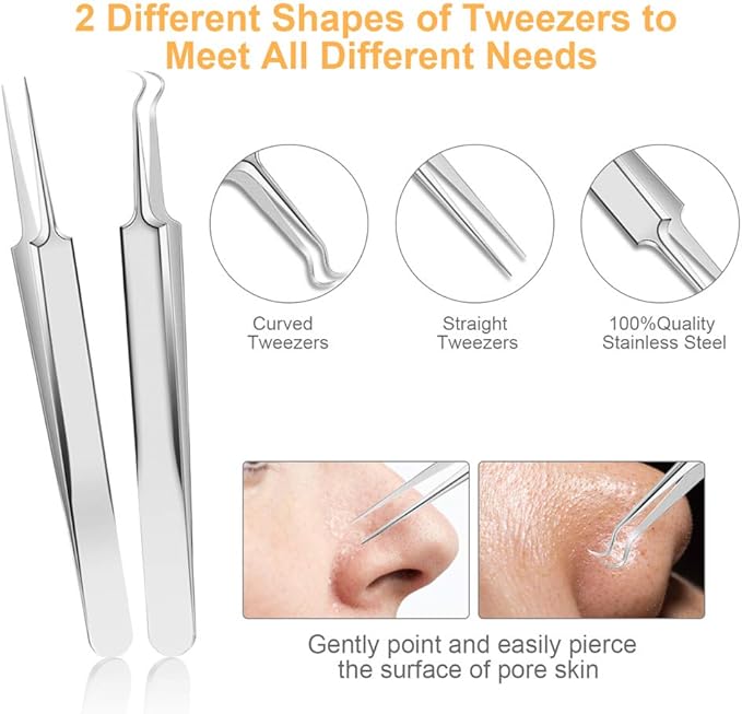 UUBAAR 9PCS Blackhead Remover Tools, Pimple Popper Tool Kit with 2 Tweezers, 304 Stainless Steel Comedone Extractor, 16 Precision Heads Face Nose Acne Zit Removal, Home Esthetician Use & Leather Case