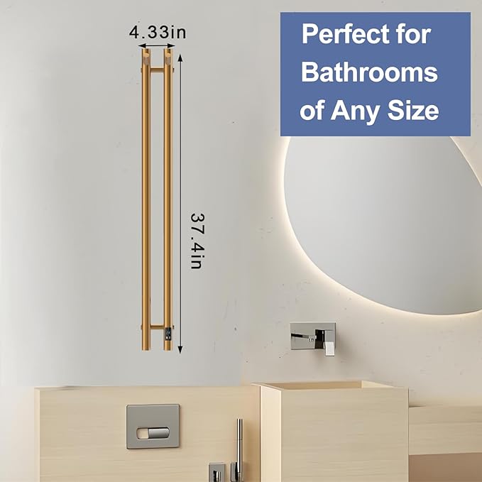Heated Towel Rack, Towel Warmer with Timer, Wall Mounted hot Towel Warmer Rack for Bathroom, Hardwired or Plug-in Models Vertical Towel Heater, 2 Vertical Rack Round Design (Gold)