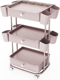 3 Tier Drawer Beauty Cart with 12 Movable Storage Organizer, Thickened ABS & 360° Wheels for Salon Station for Hair Stylist, Beauty Salon, Spa Massage Parlor, Makeup Organizer and More - Pink