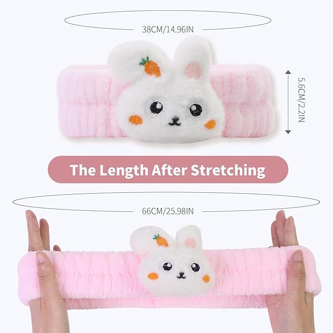 Spa Headband for Washing Face, 2 Pack Cute Hair Band for Shower Yoga Beauty, Fluffy Makeup Headband, Kawaii Facial Headbands for Woman Girls, Blue+Pink Rabbit