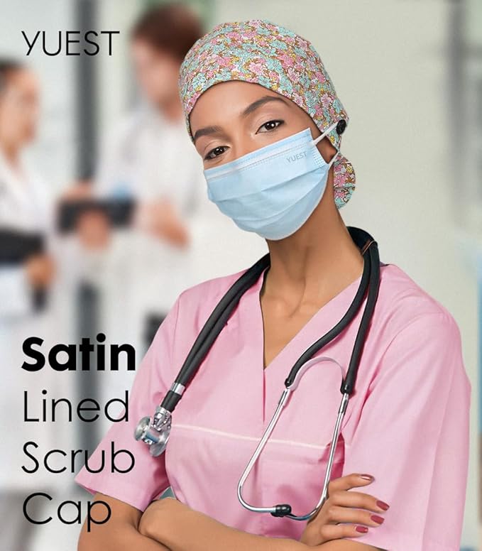 Satin Lined Scrub Caps with Buttons & Sweathand, Surgical Caps for Women