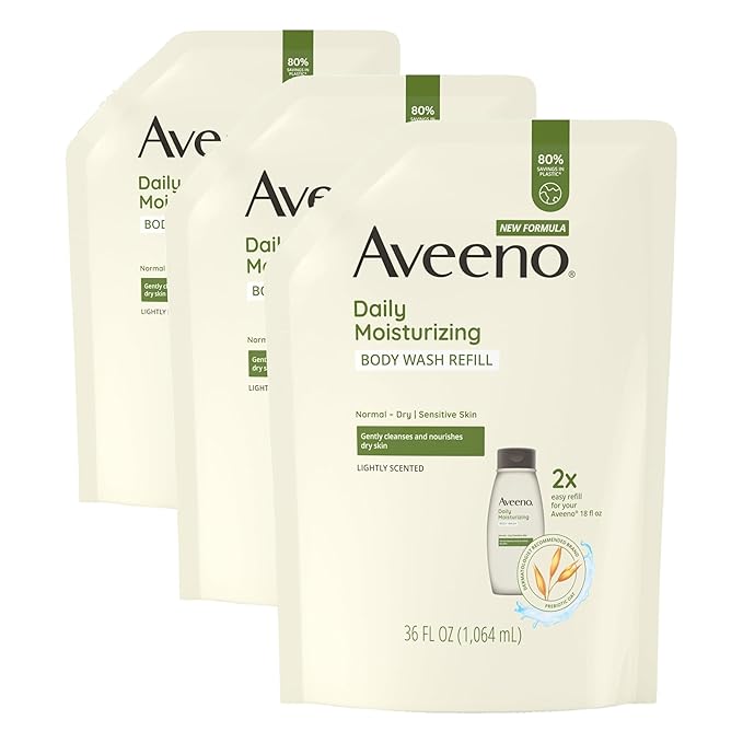 Aveeno Daily Moisturizing Body Wash for Sensitive Skin + Prebiotic Oat, Gently Cleanses, Nourishes & Feels Moisturizing Dry Skin, Light Fragrance, Refill Pouch, 36 fl. oz (Pack of 3)