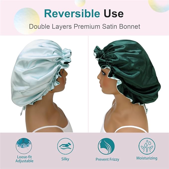 Adjustable Silk Satin Bonnet Hair Care Caps for Women Girls Loose-fitting Reversible Sleeping Cap Shower Caps Hair Wrap Bonnets (007 Aqua/Hunter)
