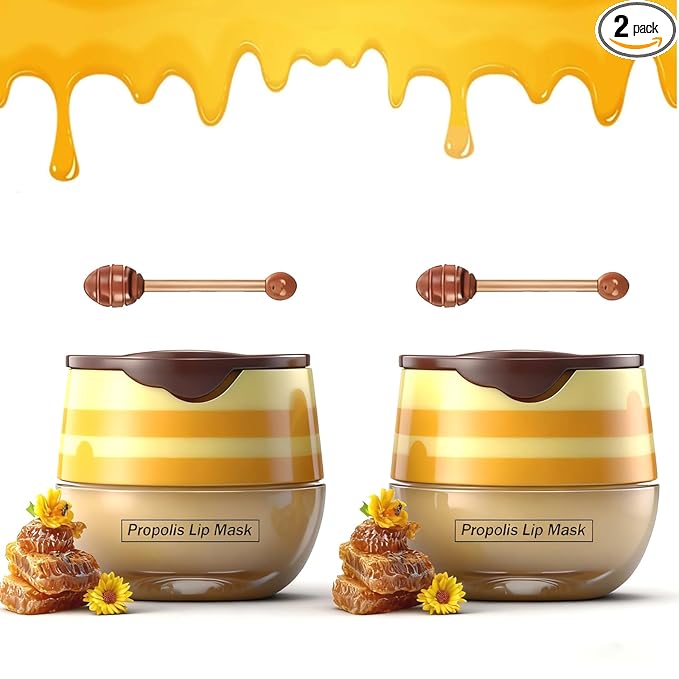 2PCS Bee Lip Balm Honey Pot, Lip Mask Propolis Moisturizing Lip Balm with Stick,Propolis Moisturizing Honey Lip balm,Hydrating & Prevention Dry and Cracked Lip,Lip Care Skin Care Products