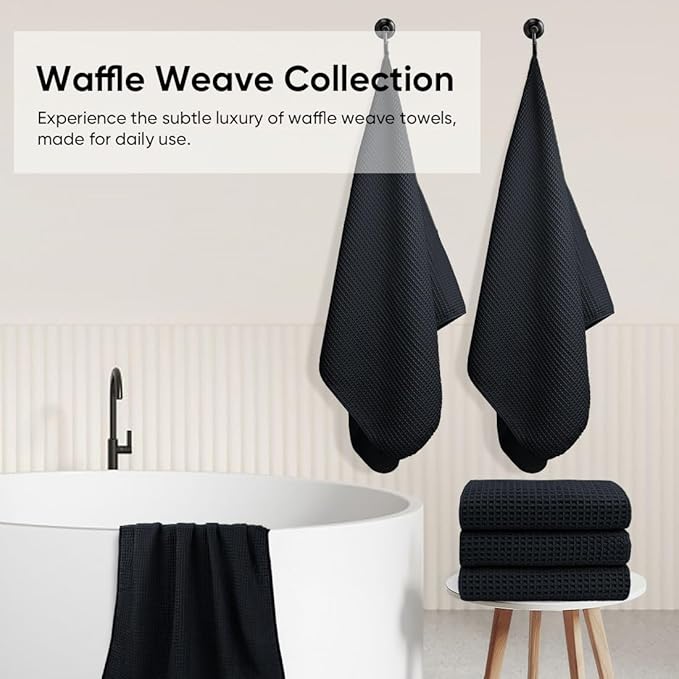 HOMEXCEL Waffle Bath Towels Set 4 Pack, Premium Microfiber Bathroom Towels, Lightweight, Highly Absorbent and Quick Dry Towel for Bathroom, Gym, Shower, Hotel, and Spa, 30 x 60 Inch, Black