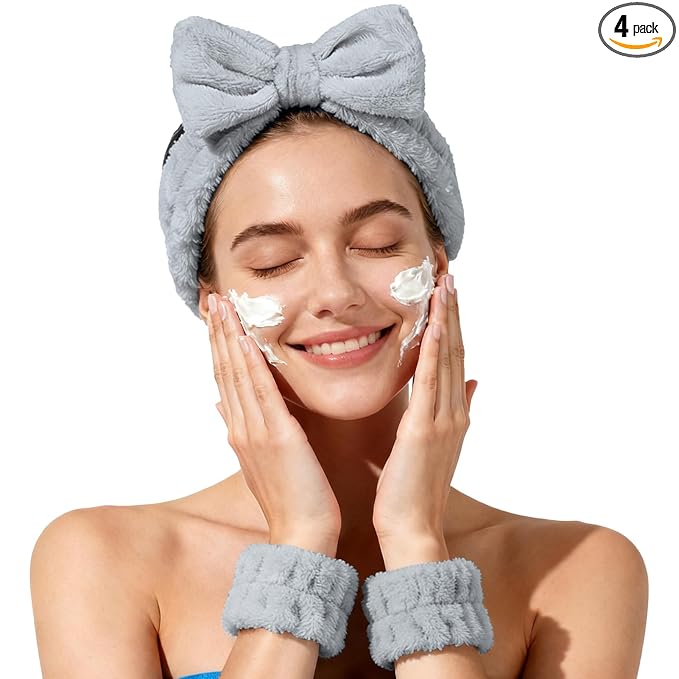 Fmeida Spa Headband and Wristband Set for Washing Face Skincare Headband Grey,3 Pack