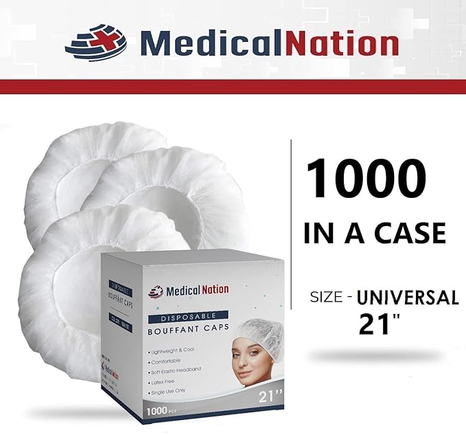 Medical Nation 21" Disposable Bouffant Caps |CASE of 1000, White| Hairnets, Non-Woven, Non-Pleated Head Hair Covers |for Medical, Labs, Nurse, Tattoo, Food Service, Hospital, Cooking - Size 21" White