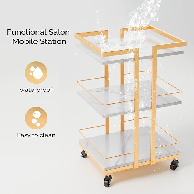 Esthetician Cart with Wheels Utility Salon Rolling Trolley, Gold Mobile Storage Organizer for Beauty Spa Cosmetology Massage, Tattoo Manicure Facial Tool Holder Station