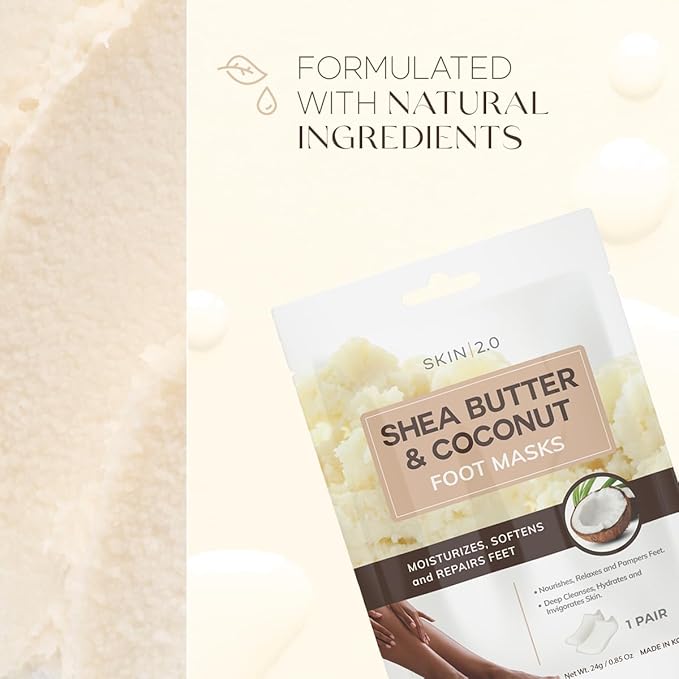 Skin 2.0 Shea Butter & Coconut Foot Masks - Softens Calluses, Treats Cracked Heels, Soothing & Hydrating - Dermatologist Tested Korean Skincare - Clean Beauty, Cruelty-Free, All Skin Types - 3 Pairs