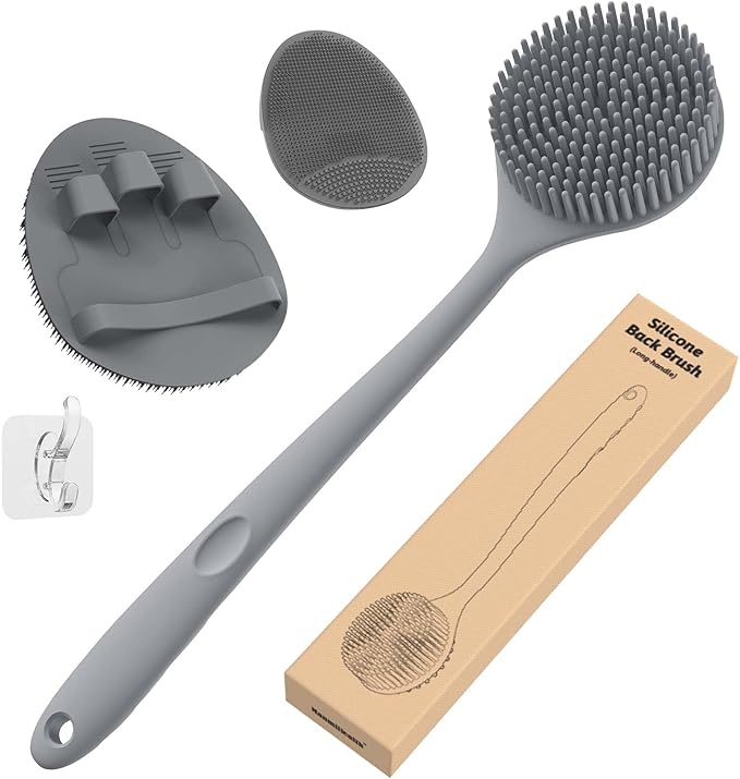 Manmihealth Silicone Back Scrubber (Thick Bristles) & Bath Glove & Face Brush Set (3PCS), Super-Exfoliating & Lathering Body Scrubber, Shower Brush, Face Scrubber Combination, with a Free Hook (Gray)
