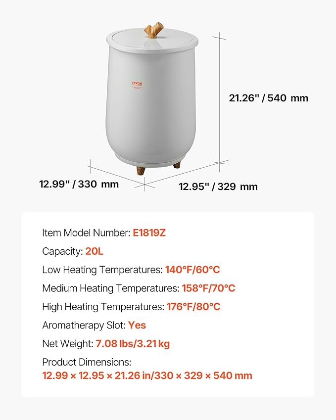 VEVOR Towel Warmer Bucket, 20L Large Towel Warmer for Bathroom, Auto Shut Off Towel Heater Fits up to Two 40"x70" Oversized Towels, Bathrobes, Blankets, 4-Level Timer Towel Warmer Ideal for Spa, Gray