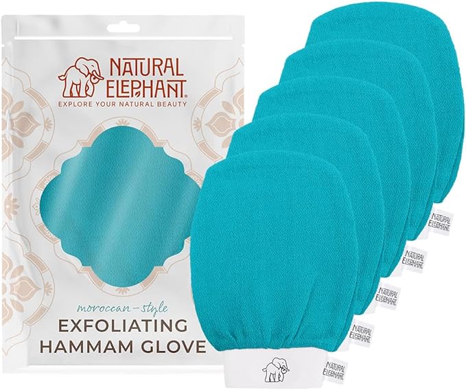 Natural Elephant Exfoliating Hammam Glove | Authentic Moroccan Kessa Body Scrub Mitt for Spa-Quality Skin Renewal | Teal Waves 5 Pack