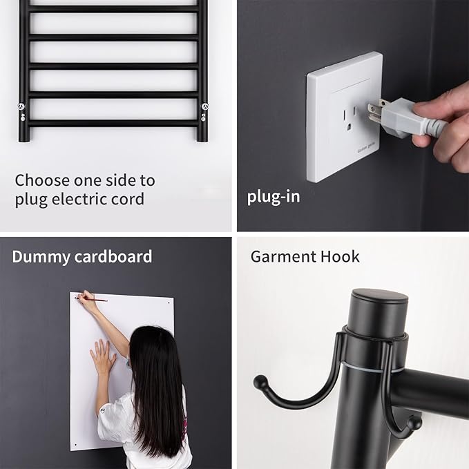 Wall Mounted Towel Warmer 12 Bars with Plug-in and Hardwired Options 3 Working Modes Black Stainless Steel 21” W 34” H