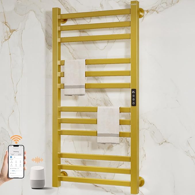 ENZE Smart Heated Towel Rack, 12-Bar Wall-Mounted Electric Towel Warmer 320W, Wi-Fi App Control & LED Touch Screen, Adjustable Temperature & 24H Timer, IPX5, Plug-in/Hardwired, Gold, Low Carbon Steel