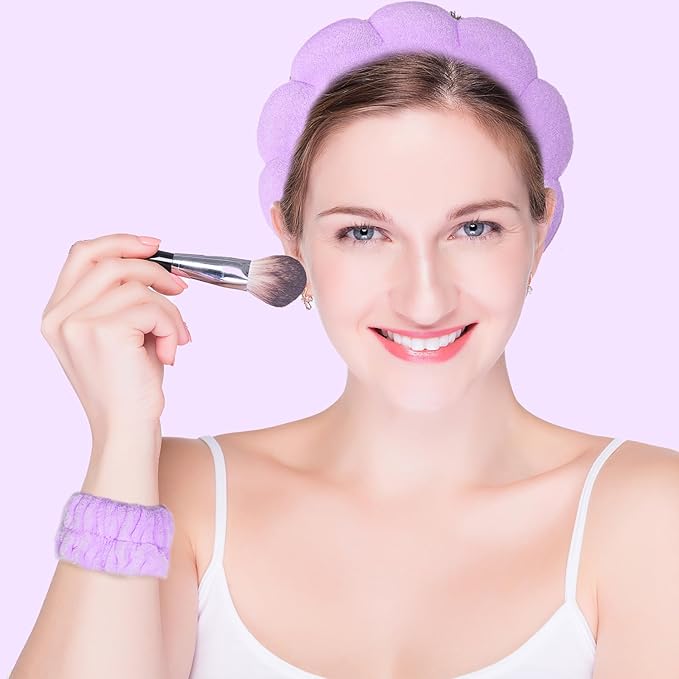 Beleki Spa Headband for Washing and Wristband Set Sponge Headband Women Face Wash Makeup Skincare Non Slip Puffy Headwear Thick Hair Accessories for Women Girls, Purple