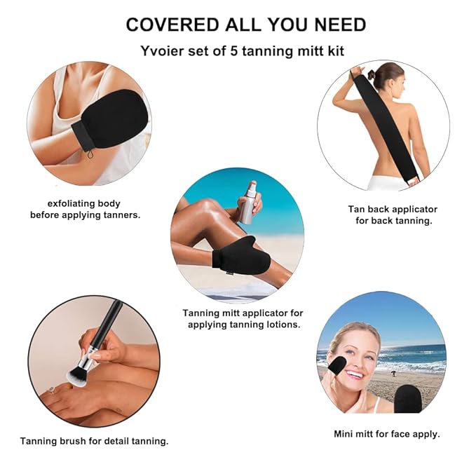 Yvoier Streakless Self Tanning Mitt Applicator Kit, 5 Pack Self Tanner Mitt with Tanning Glove, Self Tanner Back Applicator, Tanning Brush, Mini Face Glove and Exfoliating Mitt