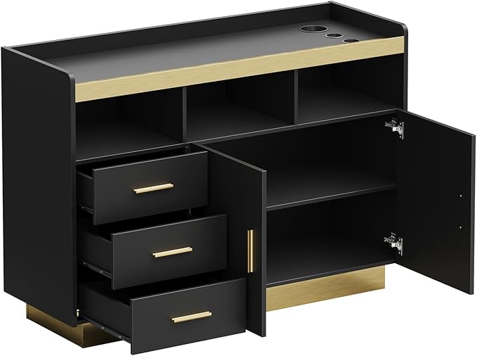 Salon Storage Cabinet Barber Station, Freestanding Hair Styling Station with 3 Drawers, 3 Hot Tool Holders & Open Shelves, Beauty Salon Spa Equipment