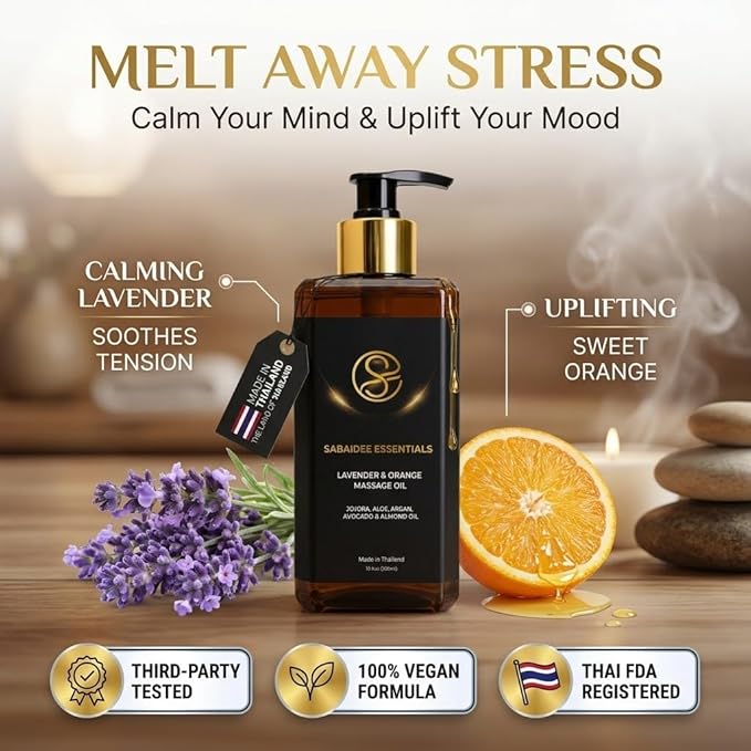 Aromatherapy Massage Oil - Lavender Oil & Orange 10 Fl Oz - Thai Body Oil for Massage Therapy with Jojoba, Avocado, Argan, Aloe, Almond - Relaxing Body Care & Self-Care