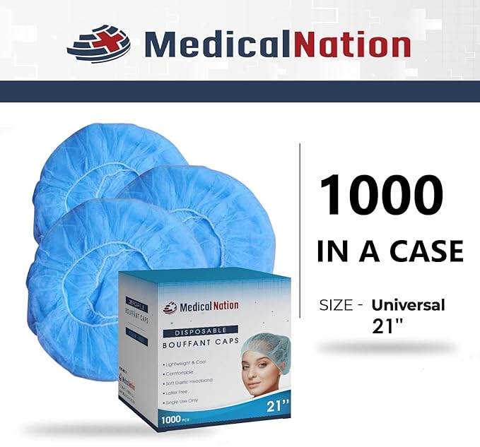 Medical Nation 21" Disposable Bouffant Caps Hair Net | CASE OF 1000, BLUE | Non-Woven, Non-Pleated Hairnets | Perfect for Medical, Labs, Nurse, Tattoo, Food Service, Hospital, Cooking - Size 21" Blue