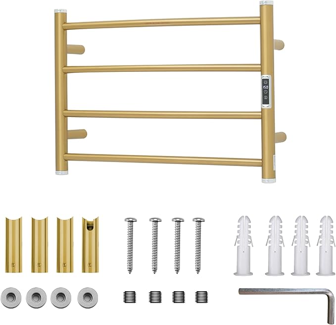 Electric Towel Warmer Rack,Heating Towel Warmer,Timer & Temperature Control,Wall-Mounted Plug-in for Bathroom,Gold,Stainless Steel,4-Bar(16.54x23.62x5.51in)